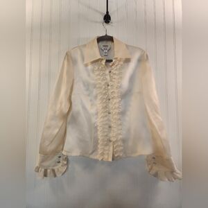 Vintage 1980s Talbots Women's Ruffle Ivory 100% Pure Silk Blouse Size 8 Sheer
